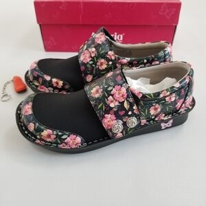 Alegria Sandy Leather Slip On Shoes Cross Strap Pink Floral 6-6.5 New